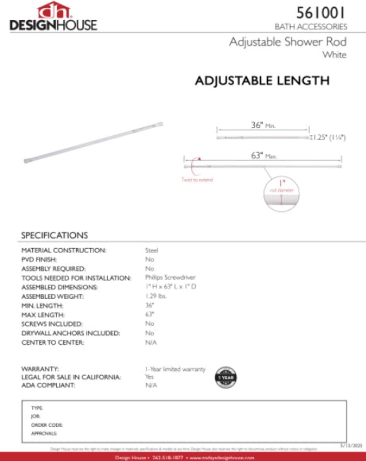 Design House Classic Adjustable Straight Tension Shower Curtain Rod for Bathroom