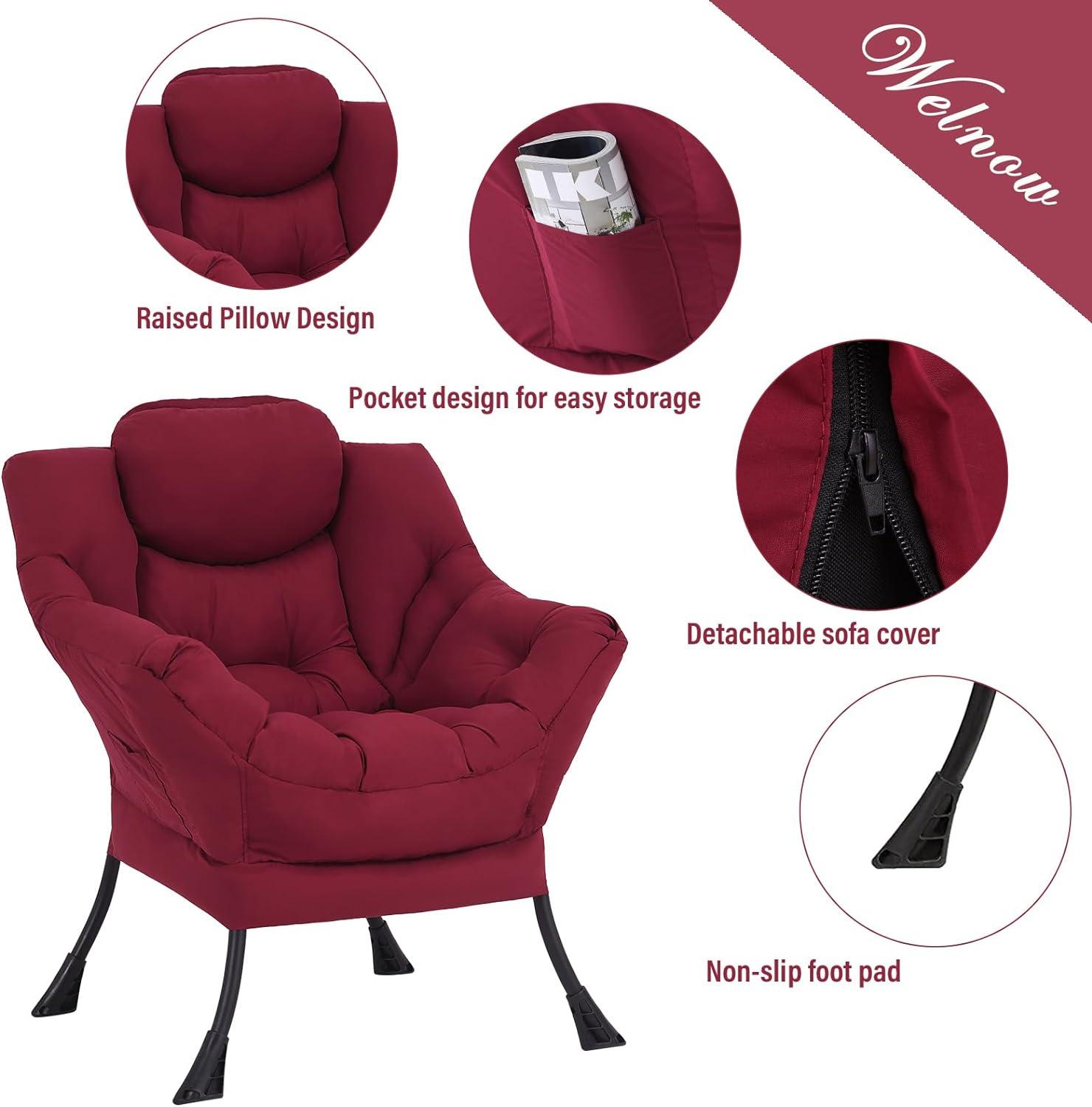 Burgundy Velvet Accent Chair with Ottoman and Metal Frame