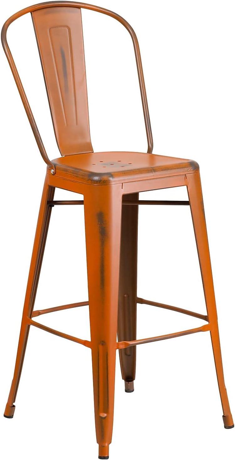 Flash Furniture Commercial Grade 30" High Distressed Orange Metal Indoor-Outdoor Barstool with Back