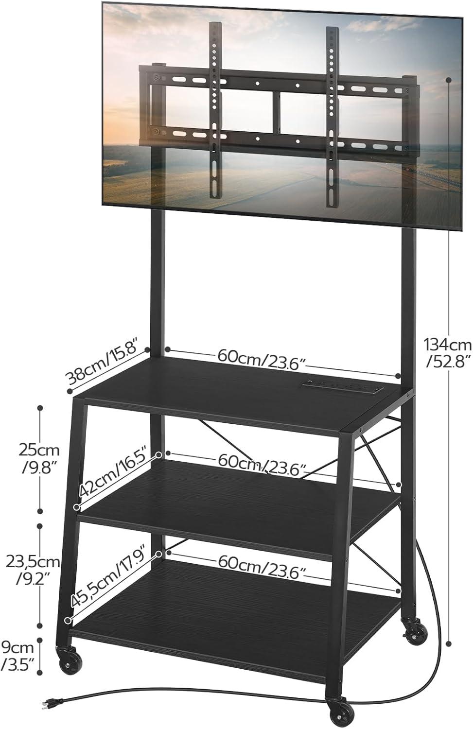 HOOBRO Rolling TV Stand with Mount and Power Outlet Up to 55 inch TVs, Corner Entertainment Center, Small TV Stand with 3-Tier Storage Shelves for Living Room, Bedroom, Black BB66UDS01