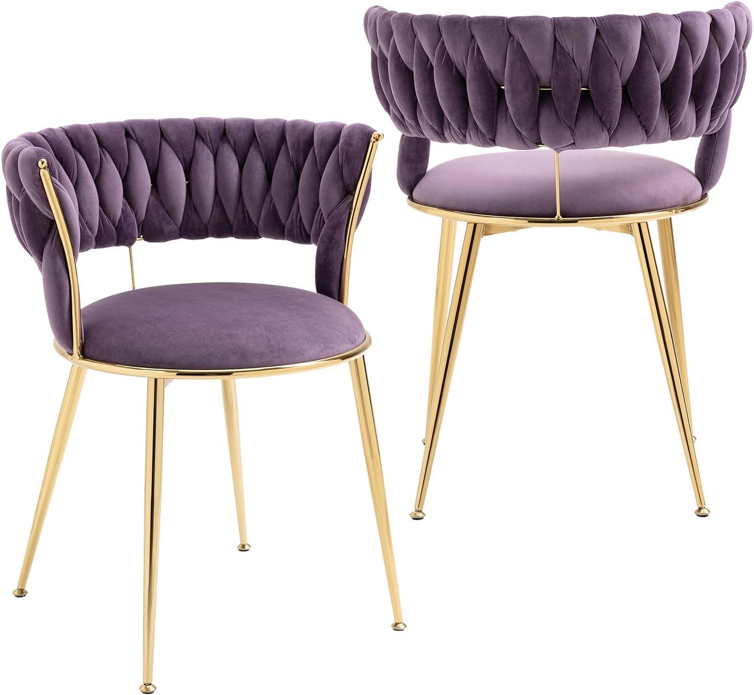 Dining Chair Set of 2, Velvet Woven Upholstered Dining Chair with Gold Metal Legs, Dining Chairs Kitchen Chairs for Dining Room, Kitchen, Vanity, Living Room, Purple