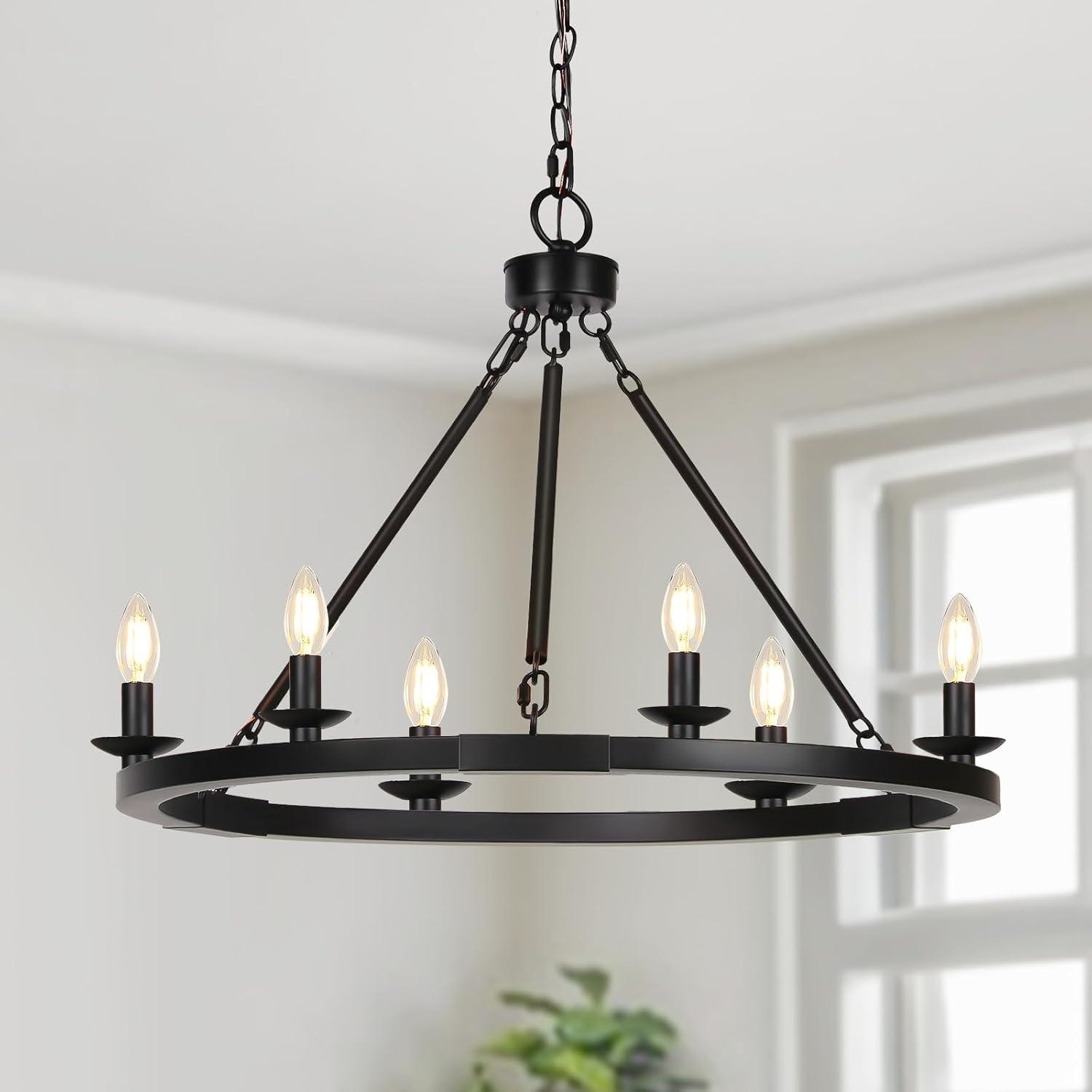 Black Farmhouse Wagon Wheel Candle Style Chandelier with Hemp Rope