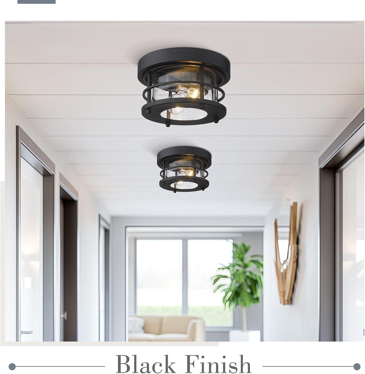 Black Metal and Seeded Glass Round Ceiling Light Fixture