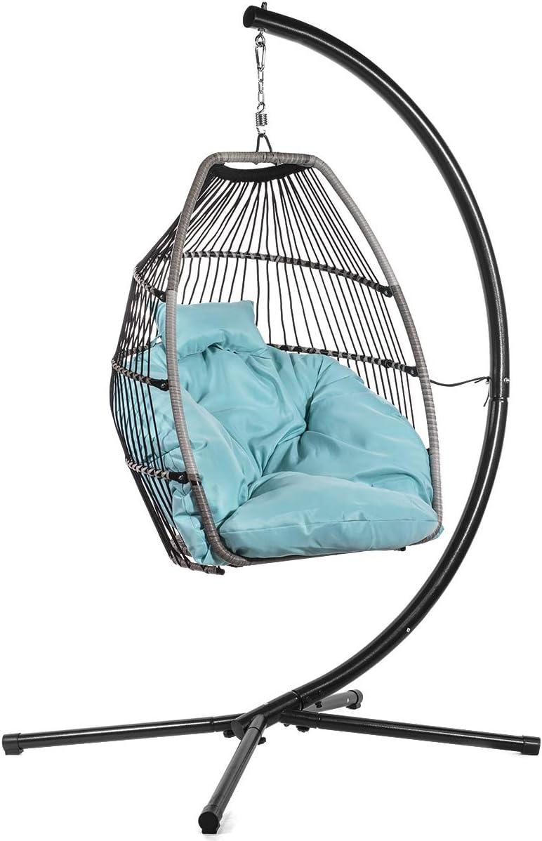 Barton Egg Swing Chair With Stand, Hanging Egg Chair Outdoor, Rattan Wicker Patio Hanging Basket Hammock Chair With Aluminum Steel Frame & UV Resistant Cushion For Indoor Bedroom Balcony, Aqua