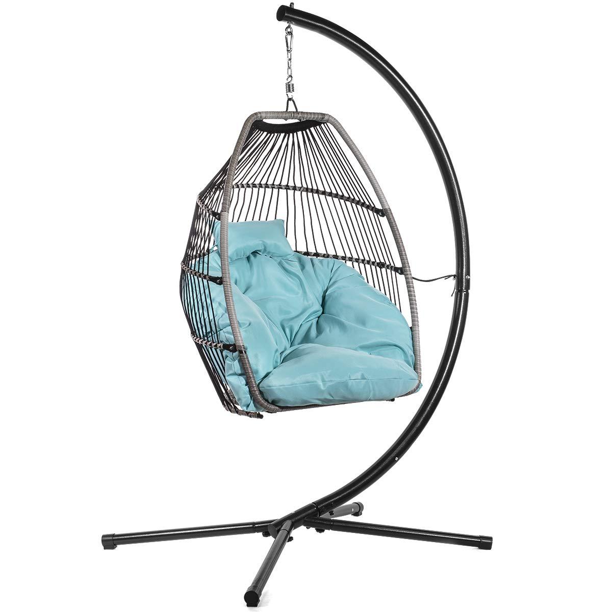 Barton Egg Swing Chair With Stand, Hanging Egg Chair Outdoor, Rattan Wicker Patio Hanging Basket Hammock Chair With Aluminum Steel Frame & UV Resistant Cushion For Indoor Bedroom Balcony, Aqua
