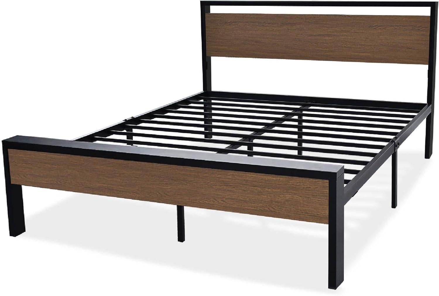 Walnut and Black Queen Metal Frame Bed with Wood Headboard