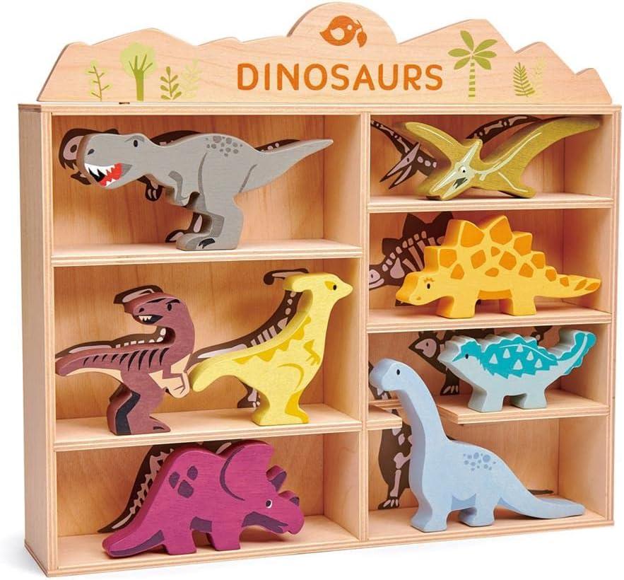 Wooden Dinosaur Figurines with Display Shelf for Kids