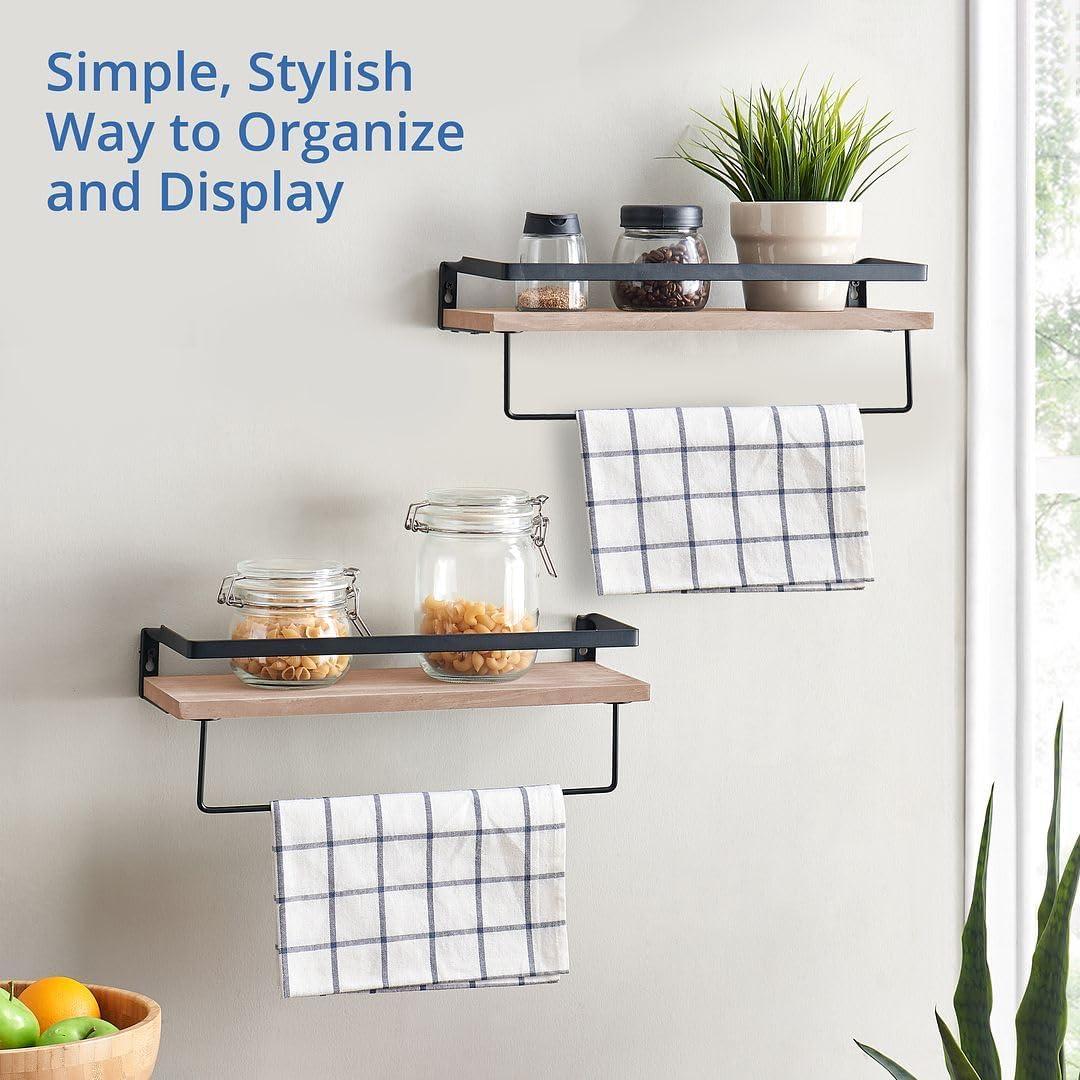 Halter Wall Mounted Floating Shelf with Rail Bathroom Kitchen Book Shelves Natural Set of 2