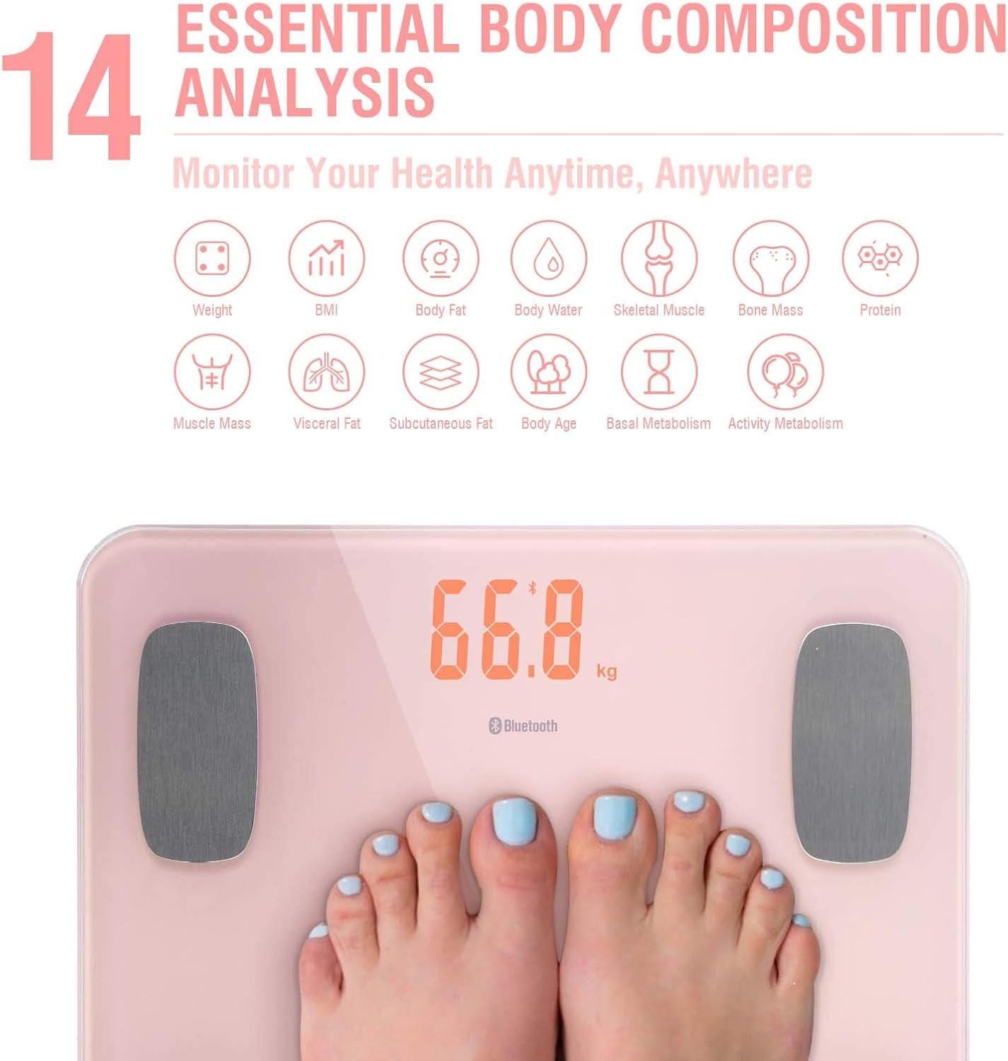 Body Fat Scale Smart BMI Scale Digital Bathroom Wireless Weight Scale, Body Composition Analyzer with Smartphone App sync with Bluetooth-Compatible (Pink)