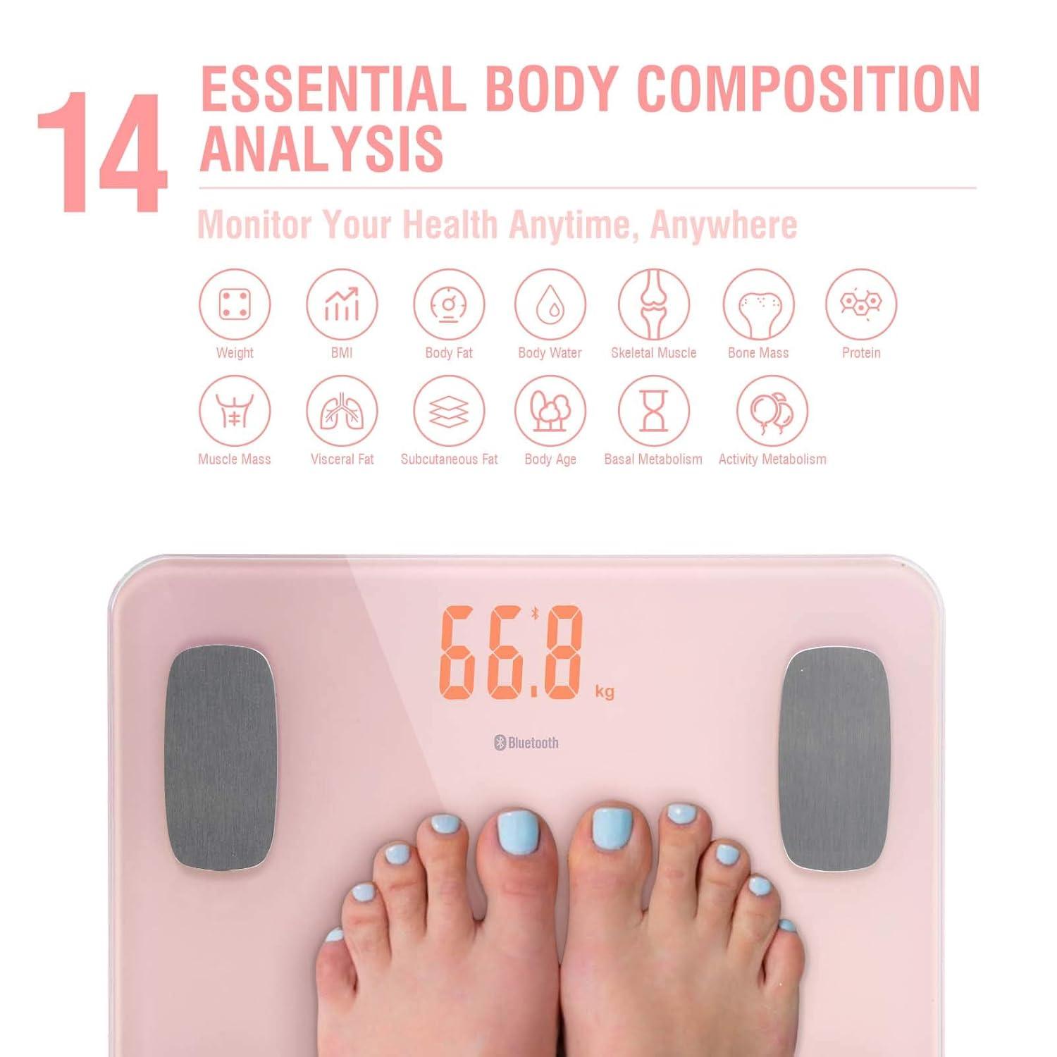 Body Fat Scale Smart BMI Scale Digital Bathroom Wireless Weight Scale, Body Composition Analyzer with Smartphone App sync with Bluetooth-Compatible (Pink)
