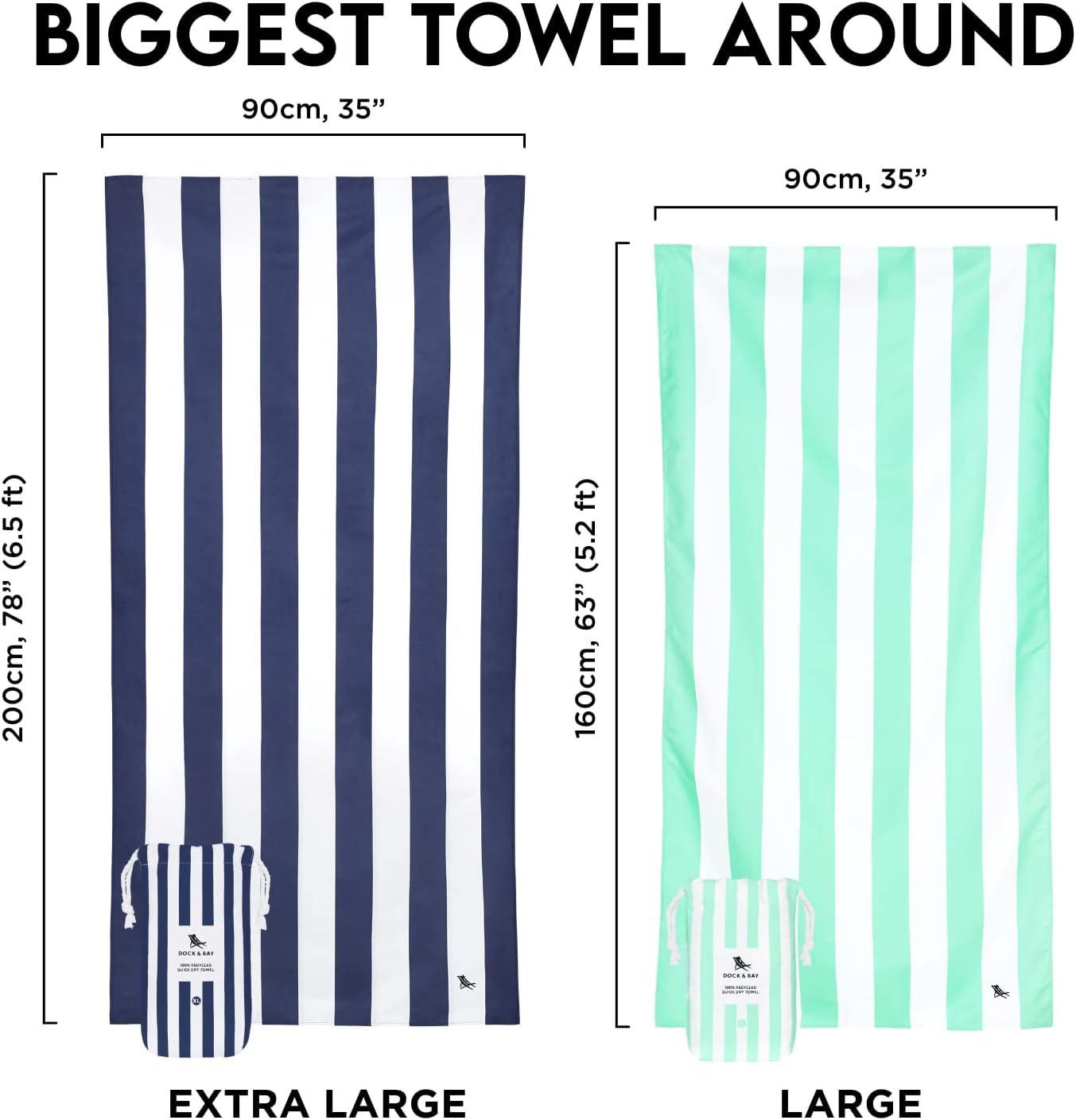Dock & Bay Beach Towel - Quick Dry, Sand Free - Compact, Lightweight - 100% Recycled - Includes Bag