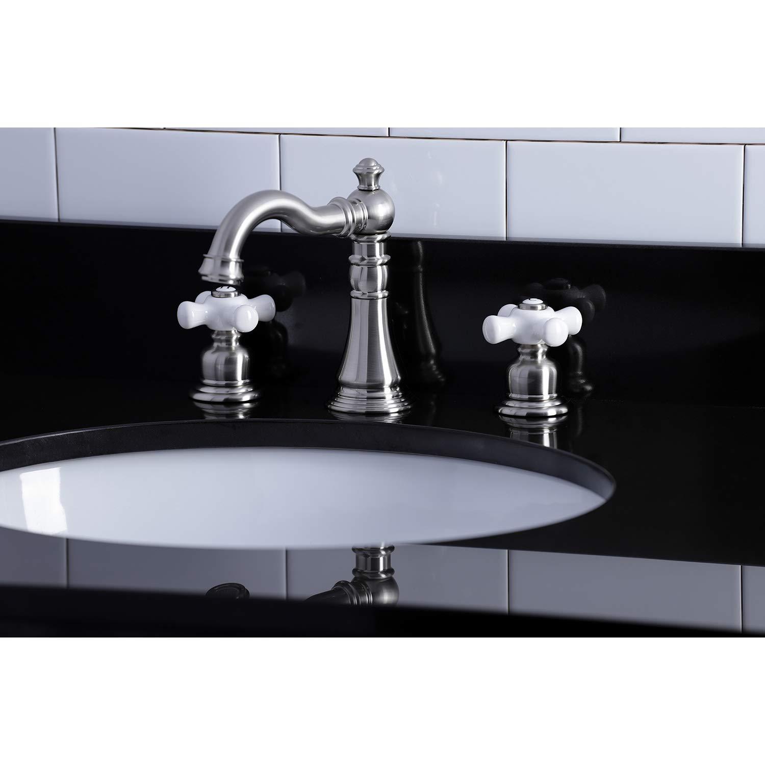 Kingston Brass American Classic Two-Handle 3-Hole Deck Mount Widespread Bathroom Faucet with Pop-Up Drain