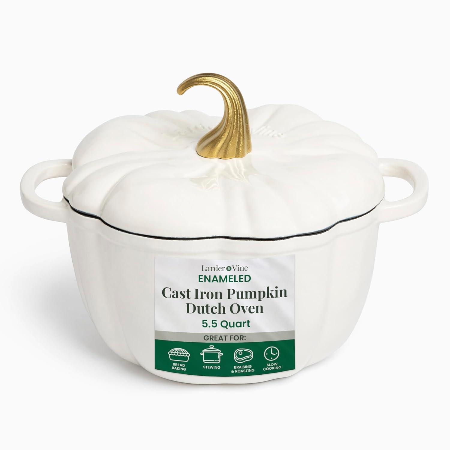 White Enameled Cast Iron Pumpkin Dutch Oven with Lid, 5.5 Qt