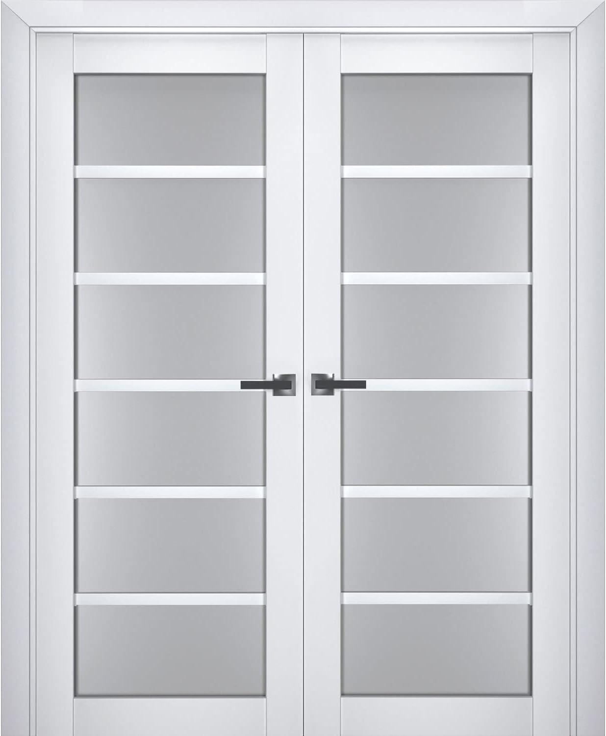 White Solid Pine French Double Doors with Frosted Glass Panels