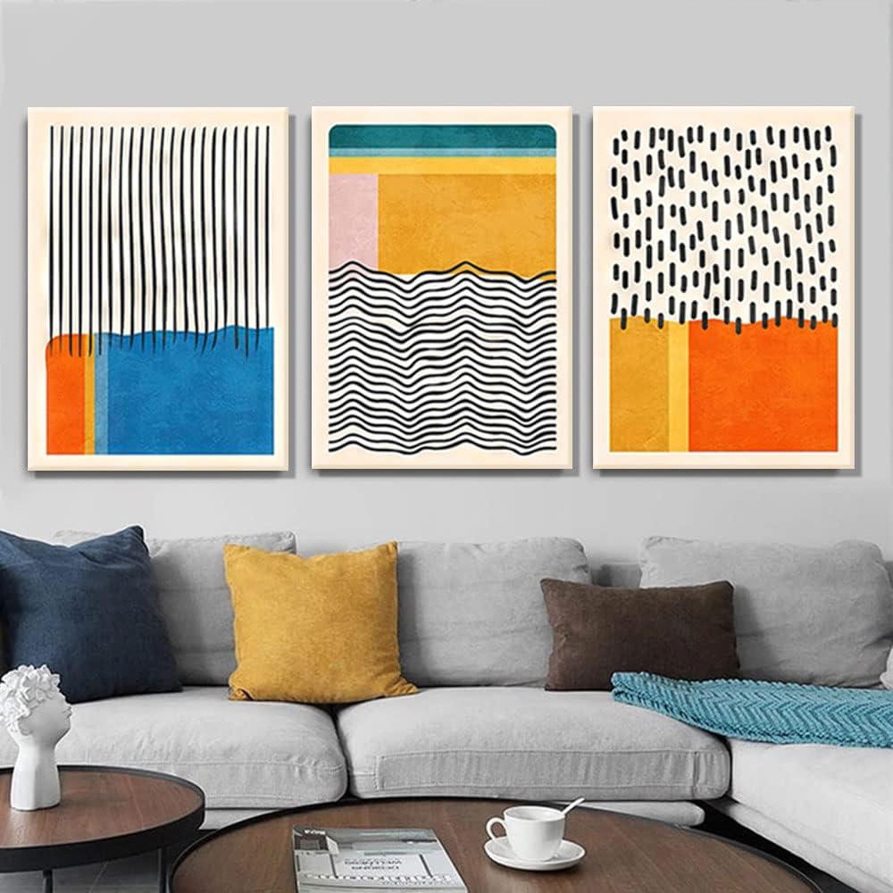 Midcentury Modern Framed Wall Art for Living Room Set of 3 Mid Century Modern Abstract Canvas Painting Print Boho Color Blocks Home Decor Colorful Minimalist Pictures for Bedroom 12"x16"x3