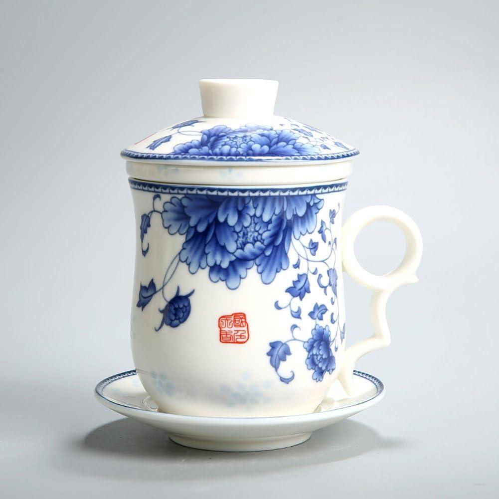 Porcelain Tea Cup with Infuser Lid and Saucer Sets - Chinese Jingdezhen Ceramics Coffee Mug Teacup Loose Leaf Tea Brewing System for Home Office