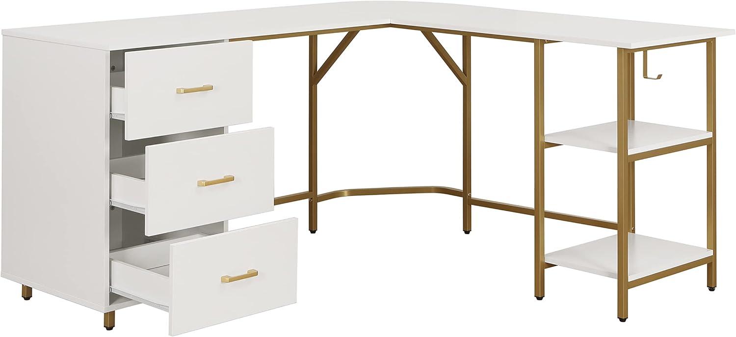 Techni Mobili L-Shape Home Office Desk with Storage, Gold/White