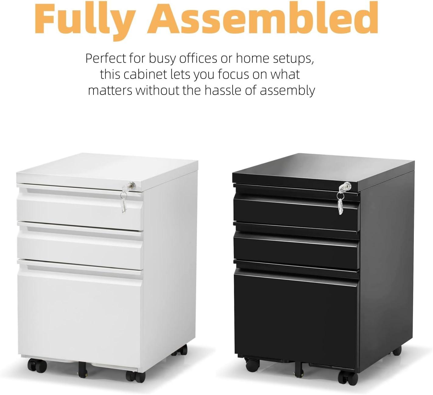 MIIIKO File Cabinet 3 Drawers on Wheels Under Desk, Black Metal Rolling File Cabinets with Lock for Home Office, Un-Assembled Filing Cabinet with Lock