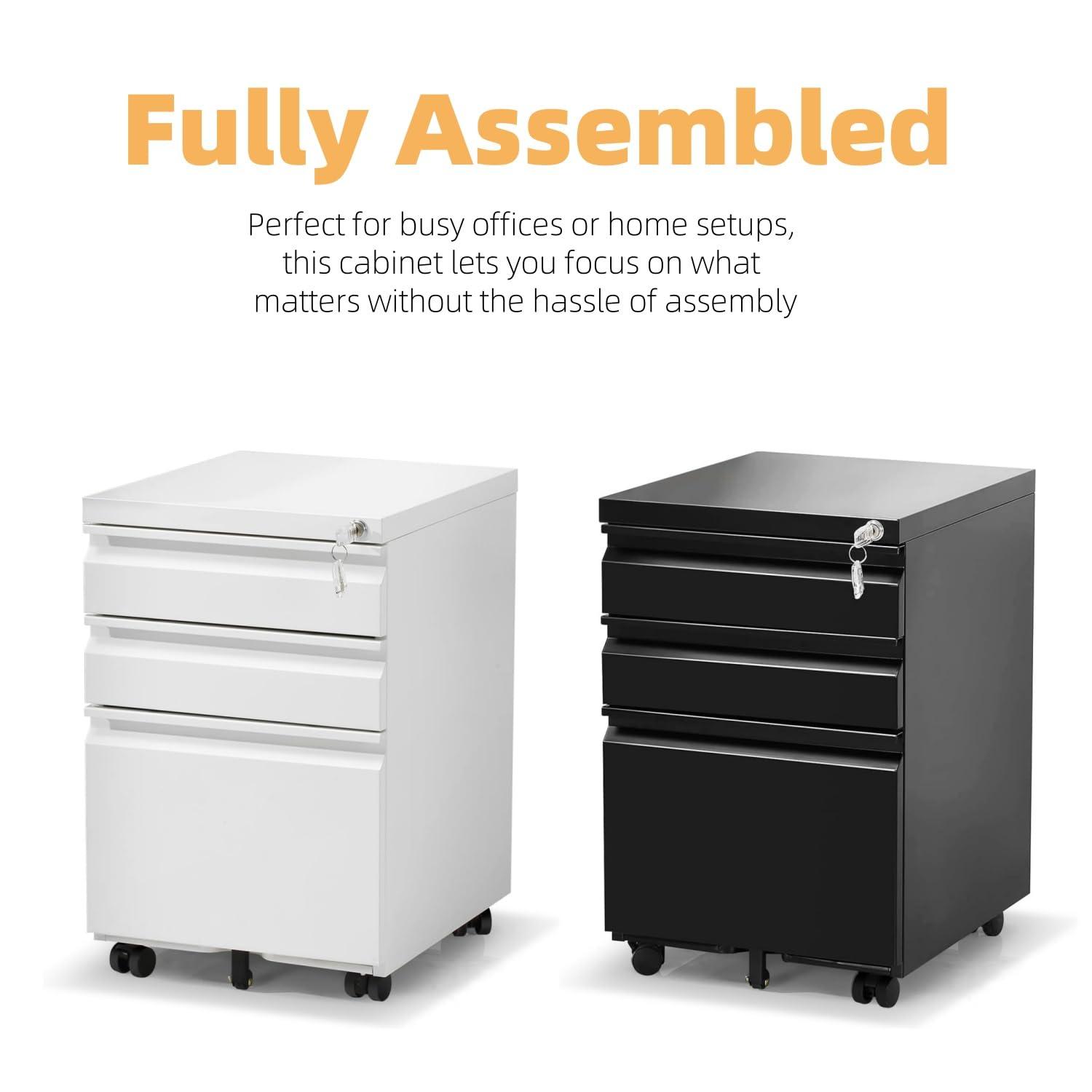 MIIIKO File Cabinet 3 Drawers on Wheels Under Desk, Black Metal Rolling File Cabinets with Lock for Home Office, Un-Assembled Filing Cabinet with Lock