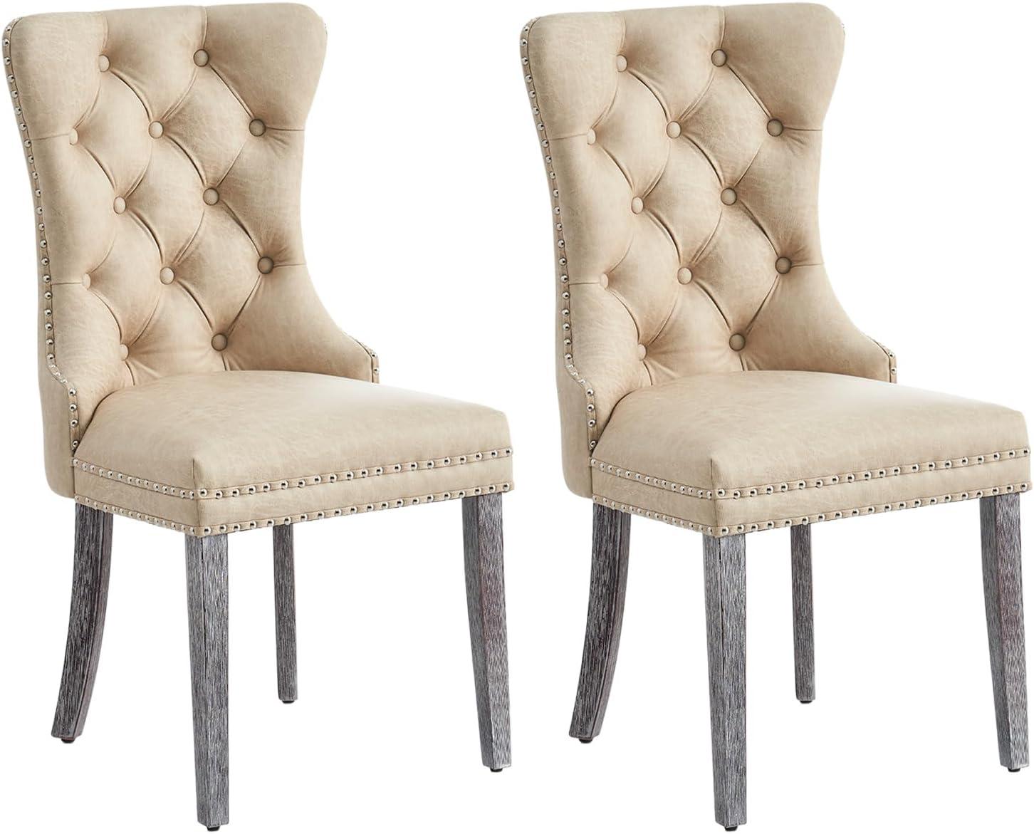 BELLEZE Upholstered Dining Chairs Set of 2, Velvet Luxury Dining Room Chairs with Button Back, Nailhead Trim, Pull-ring, Solid Wood Legs for Kitchen, Living Room, Restaurant - Chandler (Beige)