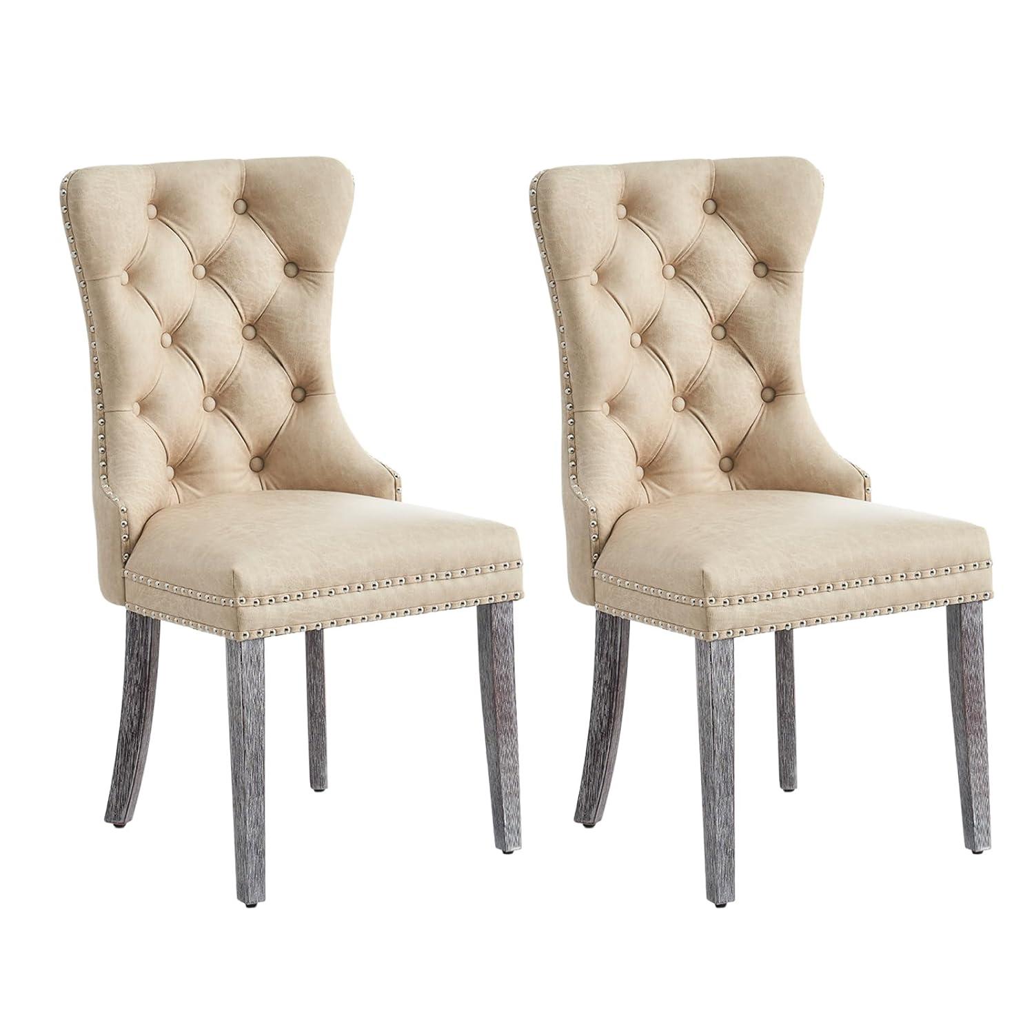 BELLEZE Upholstered Dining Chairs Set of 2, Velvet Luxury Dining Room Chairs with Button Back, Nailhead Trim, Pull-ring, Solid Wood Legs for Kitchen, Living Room, Restaurant - Chandler (Beige)
