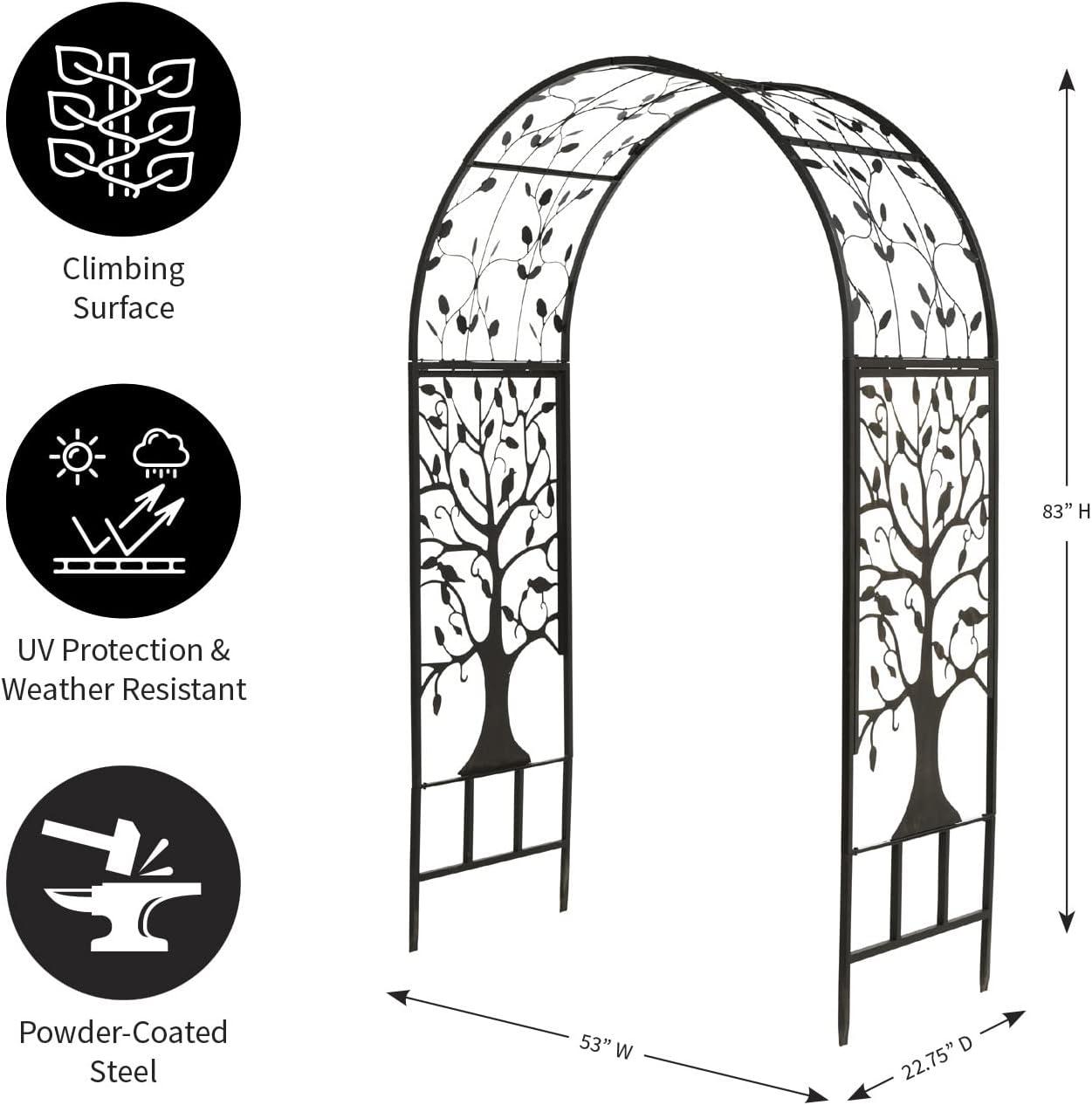 Plow & Hearth - Wide Arch Metal Garden Arbor with Tree of Life Design