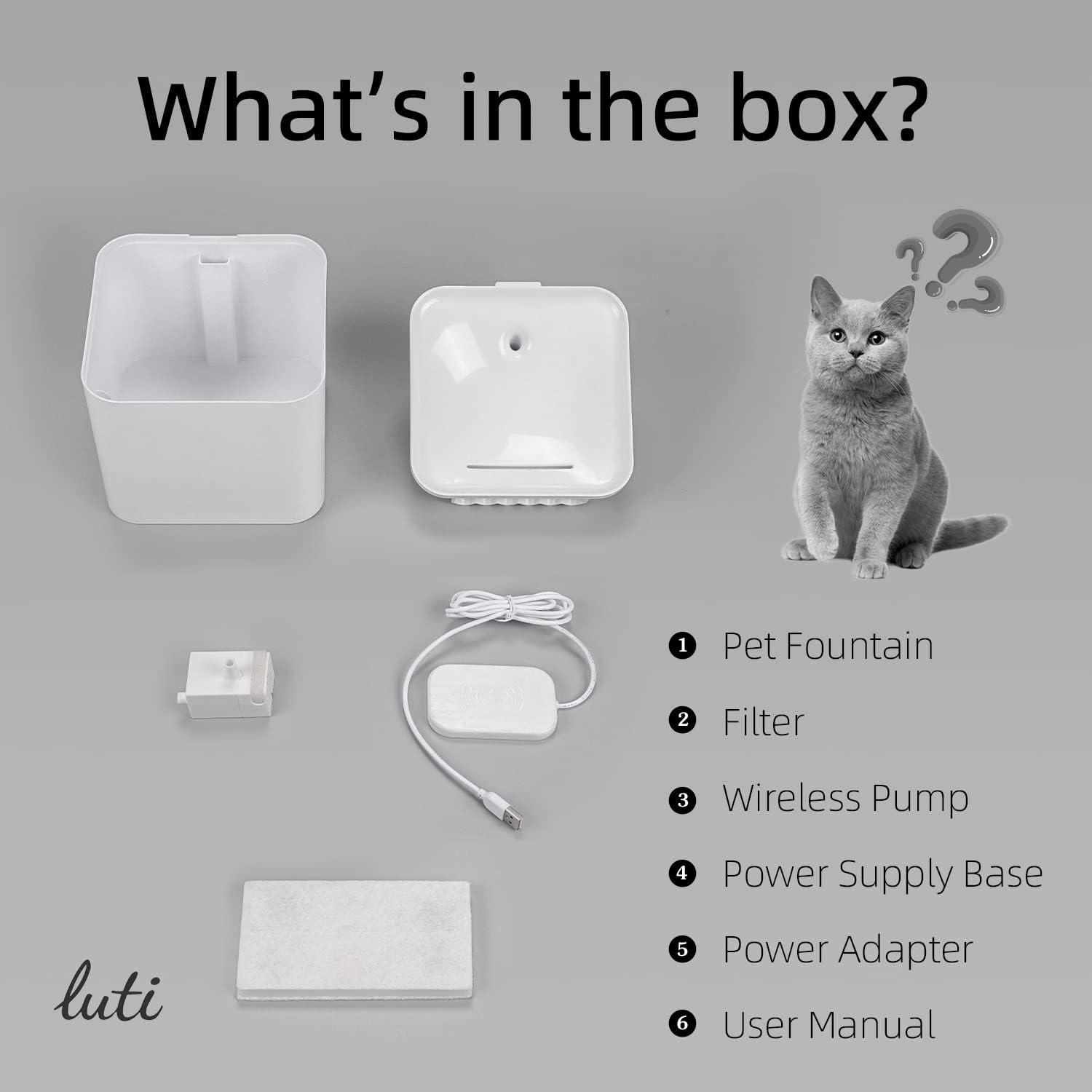 Cat Water Fountain Wireless,luti Pet Water Fountain for Cats Inside with Wireless Pump,Super Quiet Cat Water Fountain for Cats Kitty Dogs Multiple Pets 67oz/2L,Filters Included C42