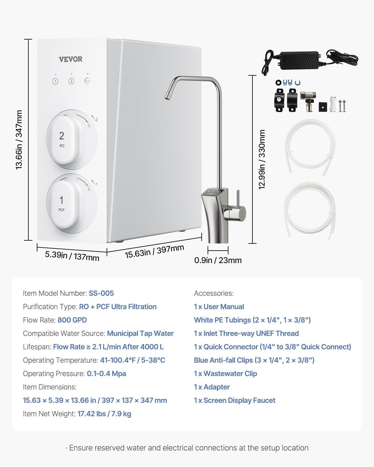 VEVOR Reverse Osmosis System, 800 GPD 8-stage Tankless Reverse Osmosis Water Filter, NSF Certified TDS Reduction, Under Sink Water Filtration System with Smart Display Faucet, 2:1 Pure to Drain Ratio