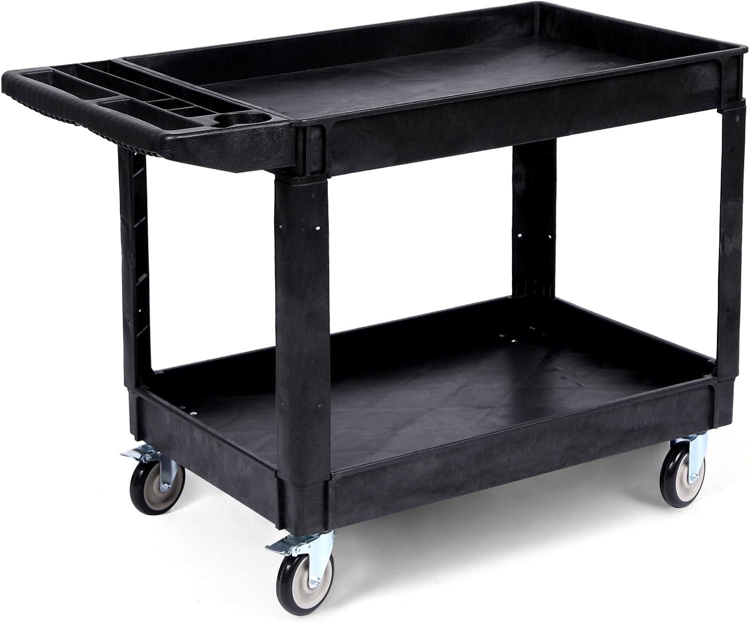Black Heavy Duty Polypropylene 2-Shelf Rolling Utility Cart with Ergonomic Handle
