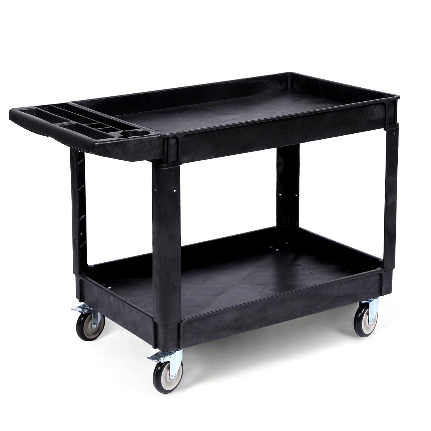 Black Heavy Duty Polypropylene 2-Shelf Rolling Utility Cart with Ergonomic Handle