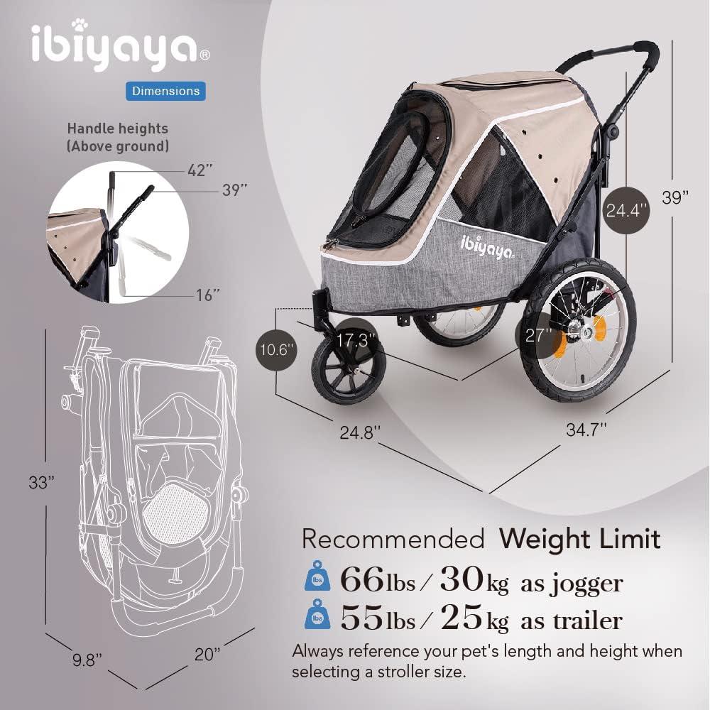 Ibiyaya FS2080-BR Happy Pet Bike Trailer-Jogger 2.0 Foldable 3-Wheel Medium Pet Stroller-Trailer Combo for Running, Jogging & Hiking, Latte