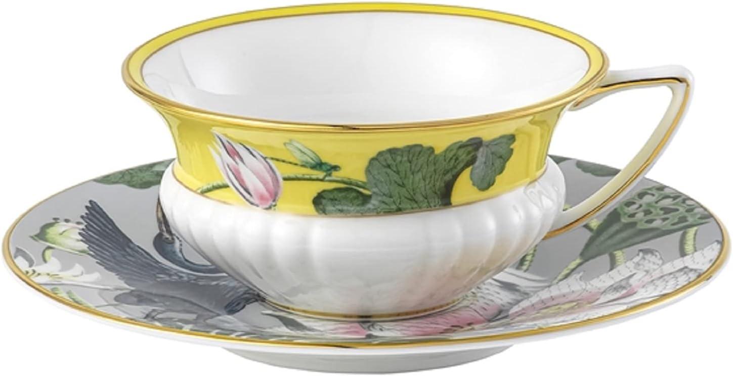 Colorful Floral Bone China Teacup and Saucer with Gold Trim