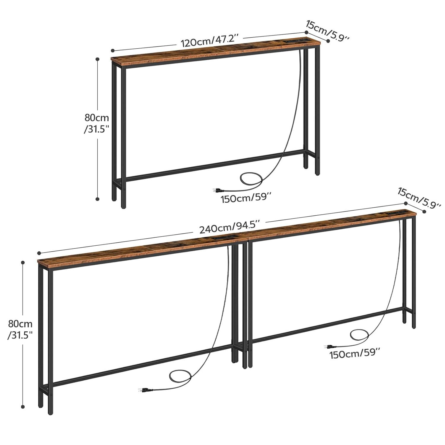 47.2" Skinny Console Table with Power Outlets and USB Ports, Table with Charging Station, Narrow Sofa Table, Behind Couch Table, for Entryway, Hallway, Foyer, Rustic Brown BF15XG01G1