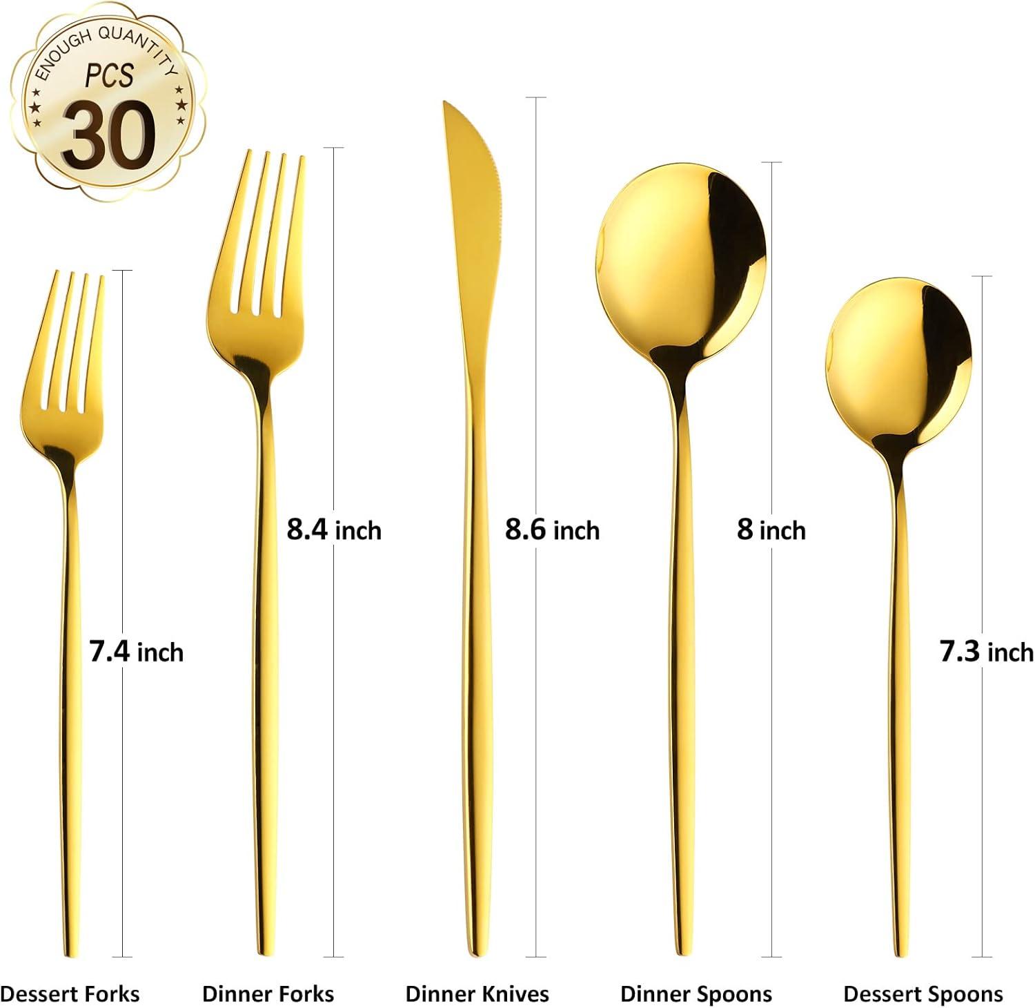 Everly Quinn 30-Piece Gold Silverware Set, Flatware Set For 6, Food-Grade Stainless Steel Cutlery Set, Includes Spoons Forks Knives, Kitchen Cutlery For Home Office Restaurant Hotel