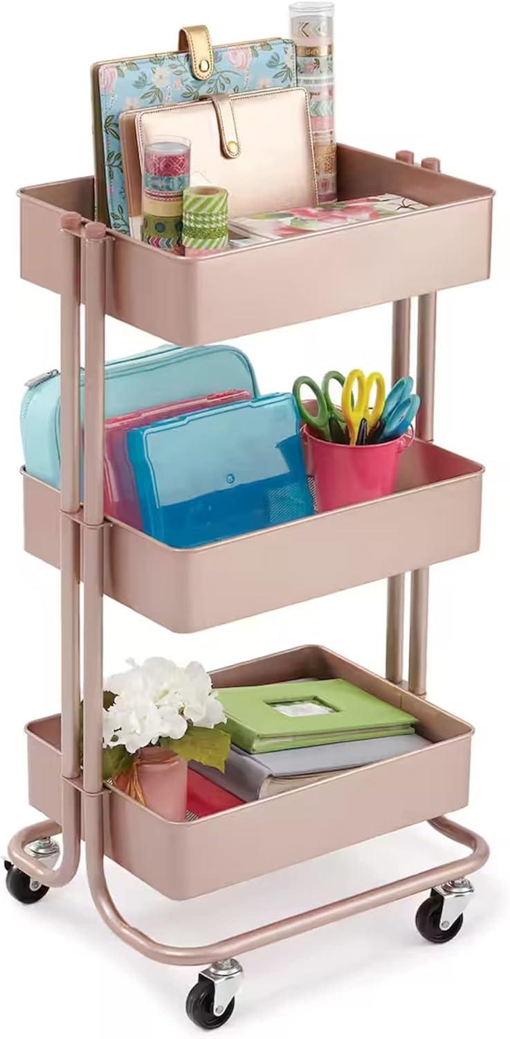 Lexington Rose Gold 3 Tier Rolling Storage Cart by Simply Tidy - Multi-Functional Storage Cart for Home, Office, and Kitchen - 1 Pack