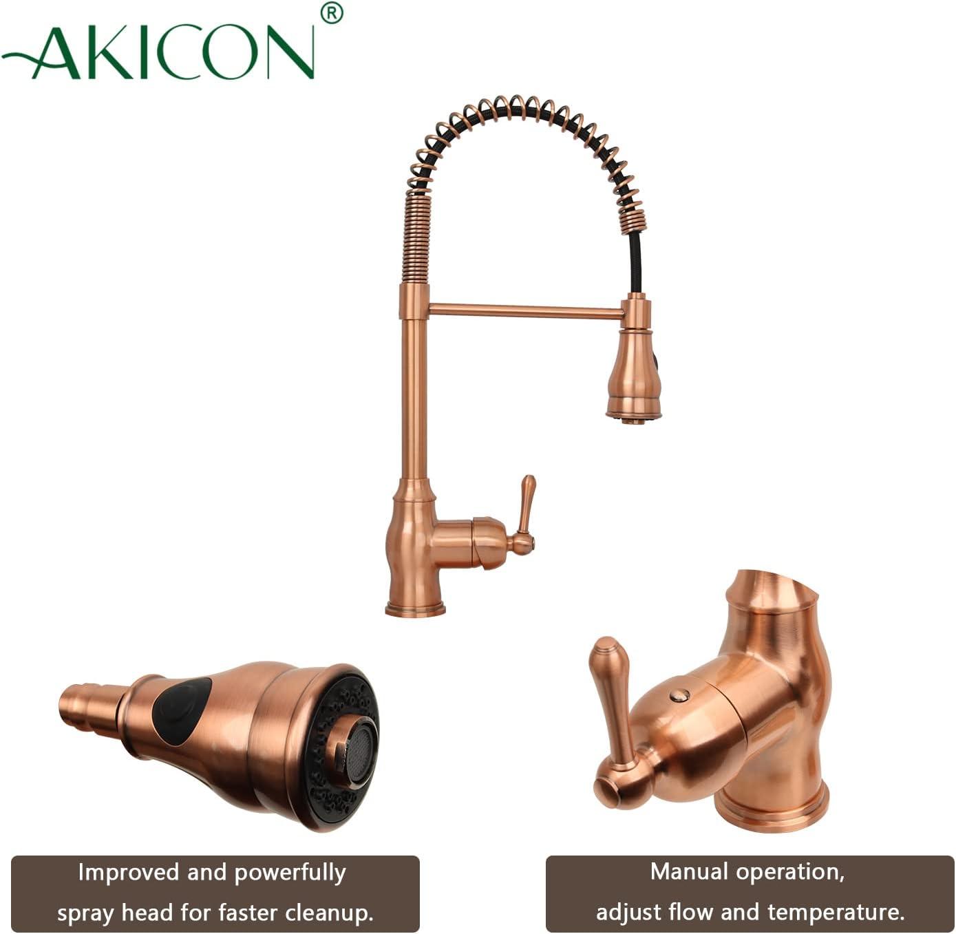 Akicon Pre-Rinse Spring Kitchen Faucet, Single Level with Pull Down Sprayer Copper Copper Finish