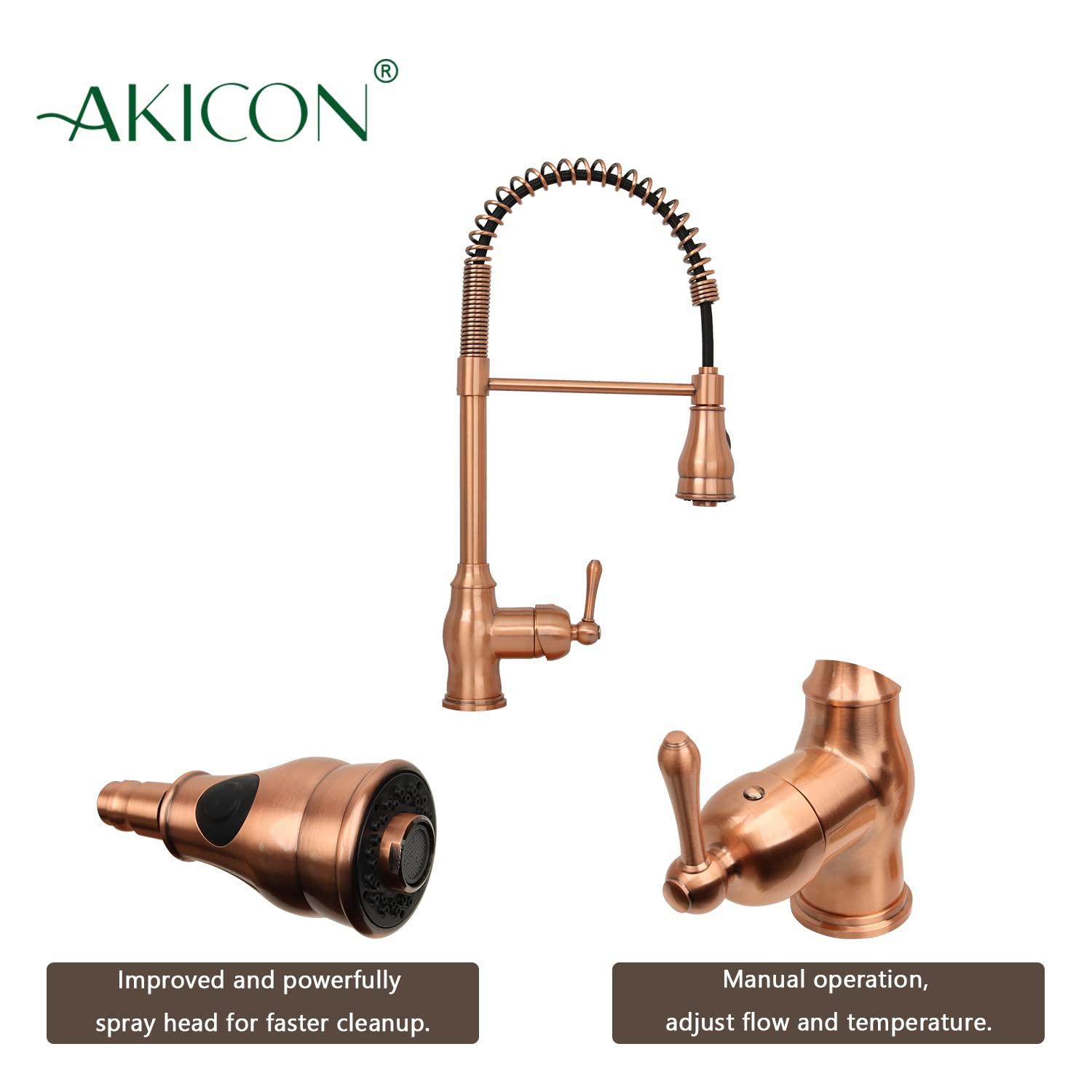 Akicon Pre-Rinse Spring Kitchen Faucet, Single Level with Pull Down Sprayer Copper Copper Finish