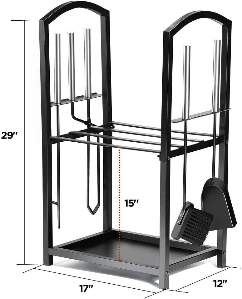 Black Powder Coated Steel 2-Tier Firewood Rack with Tools