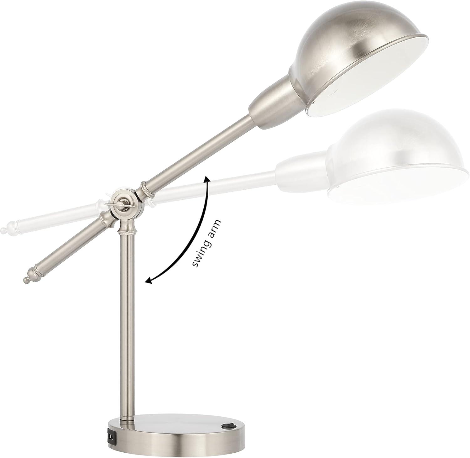 JONATHAN Y Curtis 20.25" Vintage Industrial Iron Adjustable Dome Shade LED Task Lamp with USB Charging Port, Nickel, JYL7123B