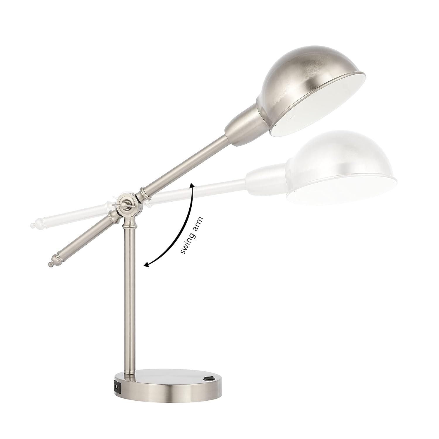 JONATHAN Y Curtis 20.25" Vintage Industrial Iron Adjustable Dome Shade LED Task Lamp with USB Charging Port, Nickel, JYL7123B