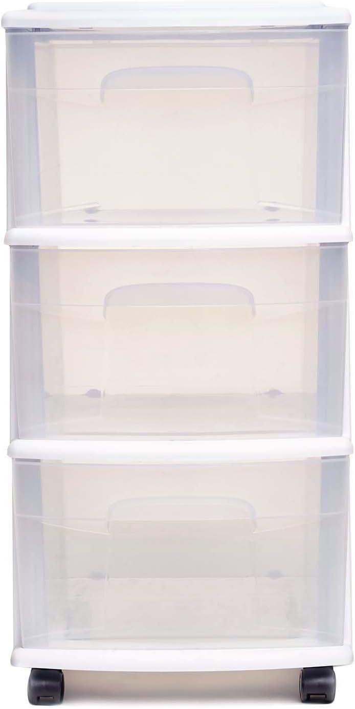 HOMZ Drawer Tower, 3-Tier Clear Plastic Storage Organizer Cart, White Frame - Heavy-Duty Organizing Drawers for Home, Bedroom, and Closet Organization