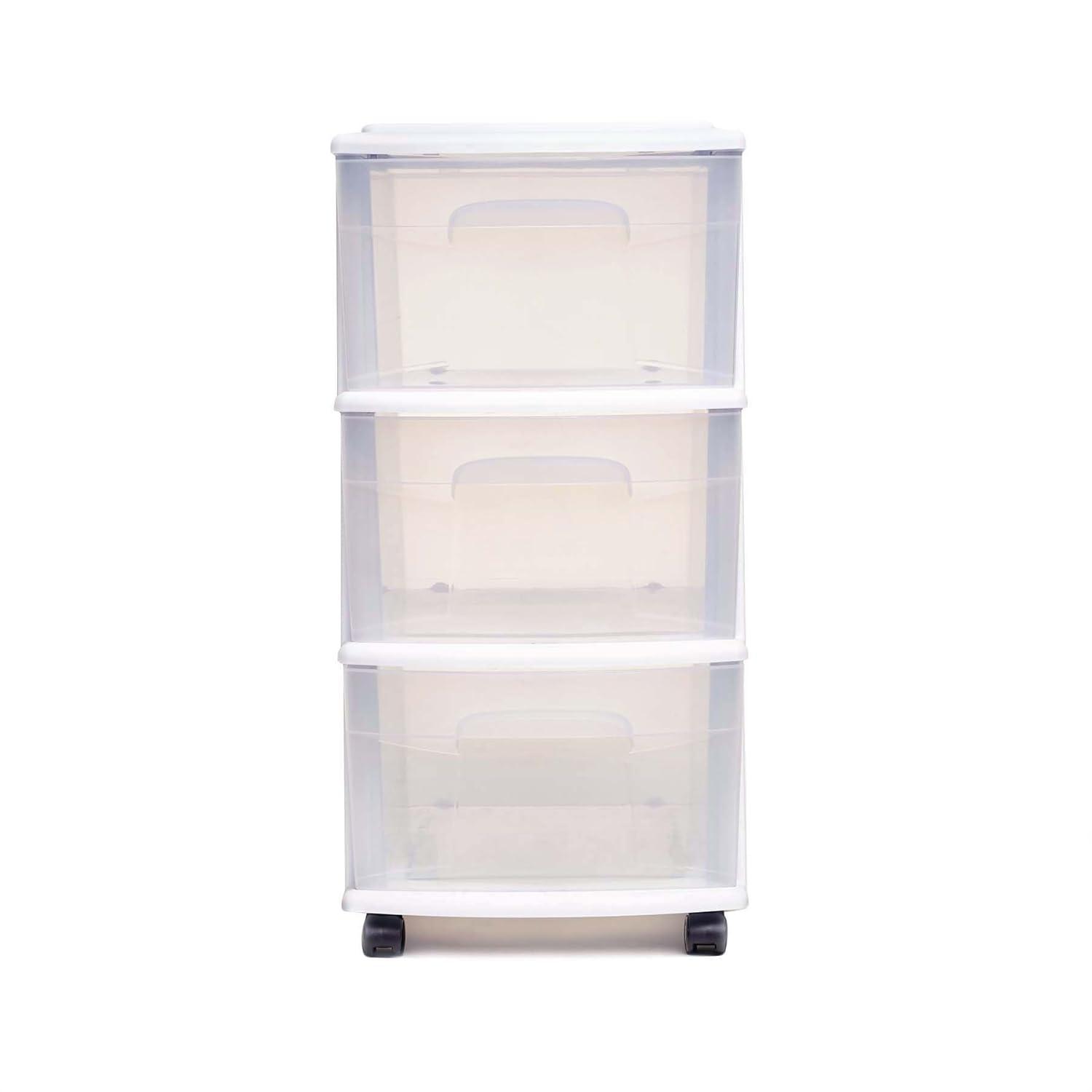HOMZ Drawer Tower, 3-Tier Clear Plastic Storage Organizer Cart, White Frame - Heavy-Duty Organizing Drawers for Home, Bedroom, and Closet Organization