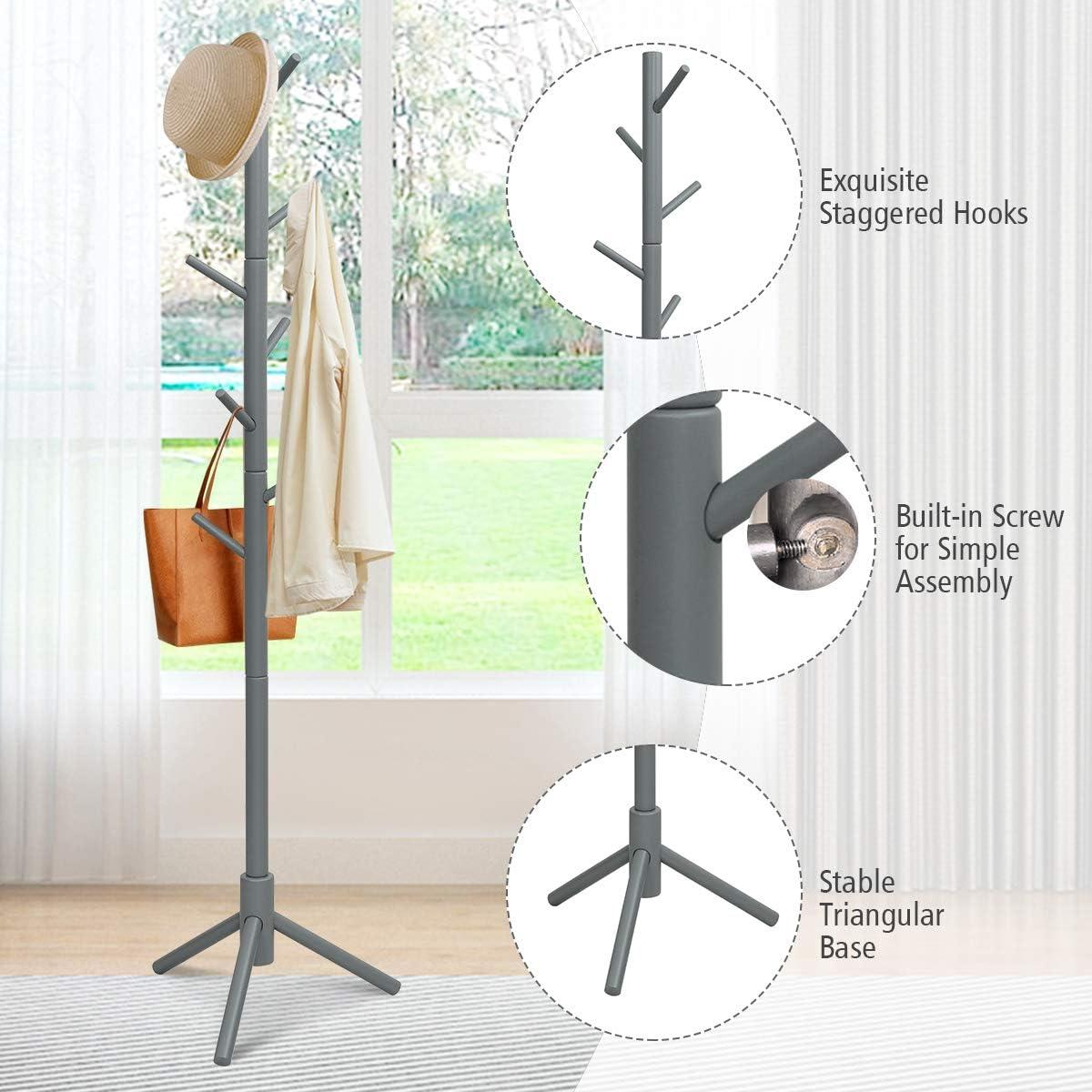 VASAGLE 8 Hooks Solid Wood Coat Rack Free Standing Coat Rack Tree-Shaped Coat Rack with for Clothes Hats Bags for Living Room Bedroom Grey