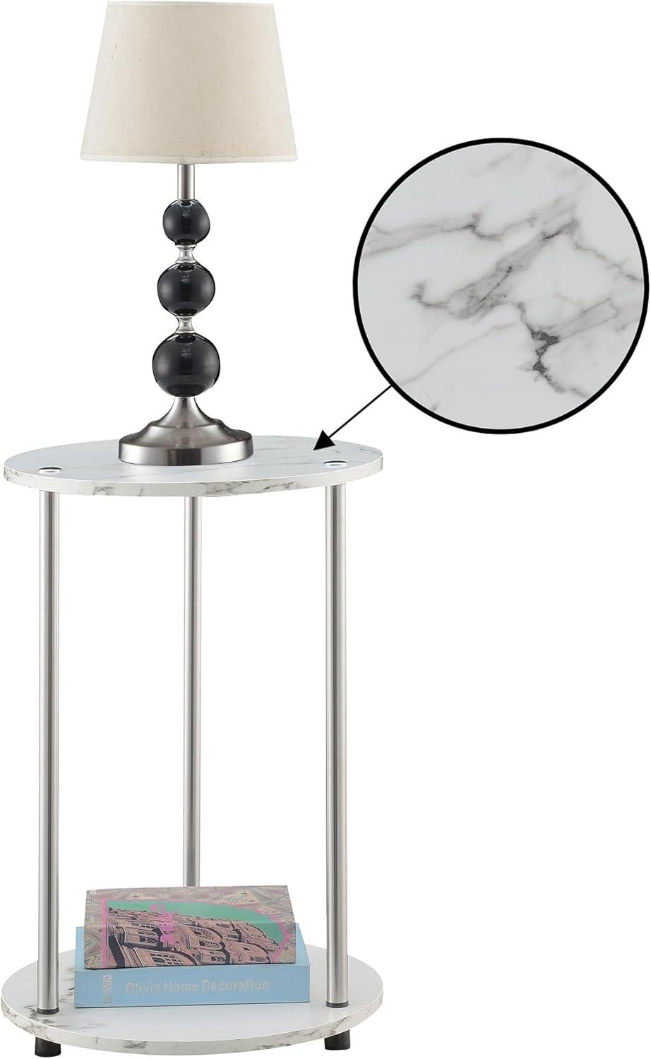 Convenience Concepts Designs2Go No Tools 2 Tier Round End Table, White Marble/Chrome