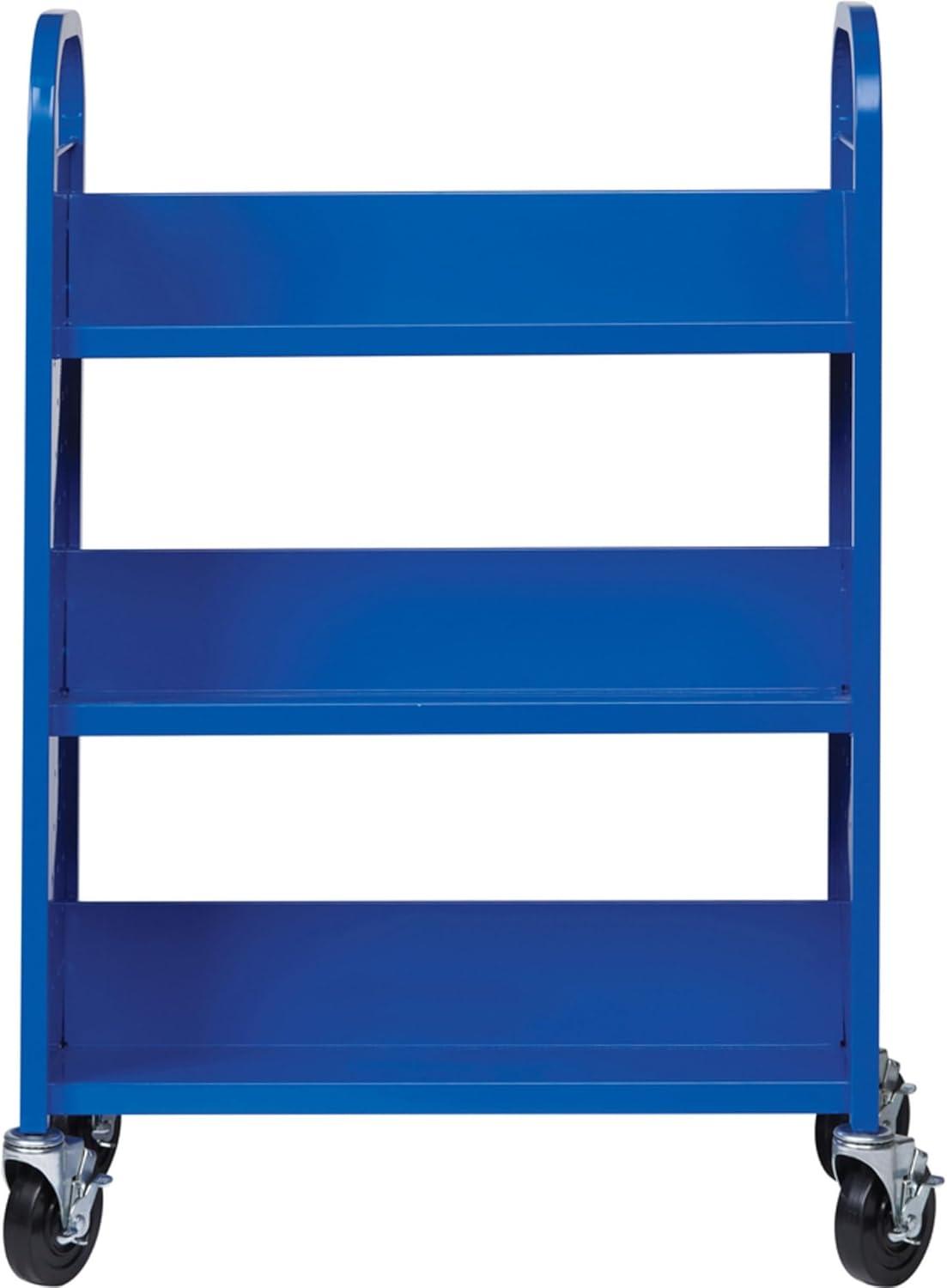 Blue Single-Sided Steel Book Cart with Three Shelves