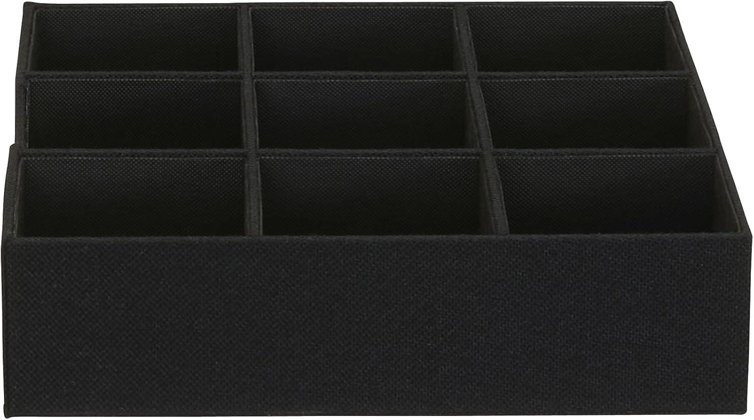 Household Essentials 9-Compartment Drawer Organizers, Pack of 2, Sturdy Chipboard With Soft Polyester Cover, Convenient and Stylish Storage Solution, 3” H x 12” W x 12” D, Black Linen