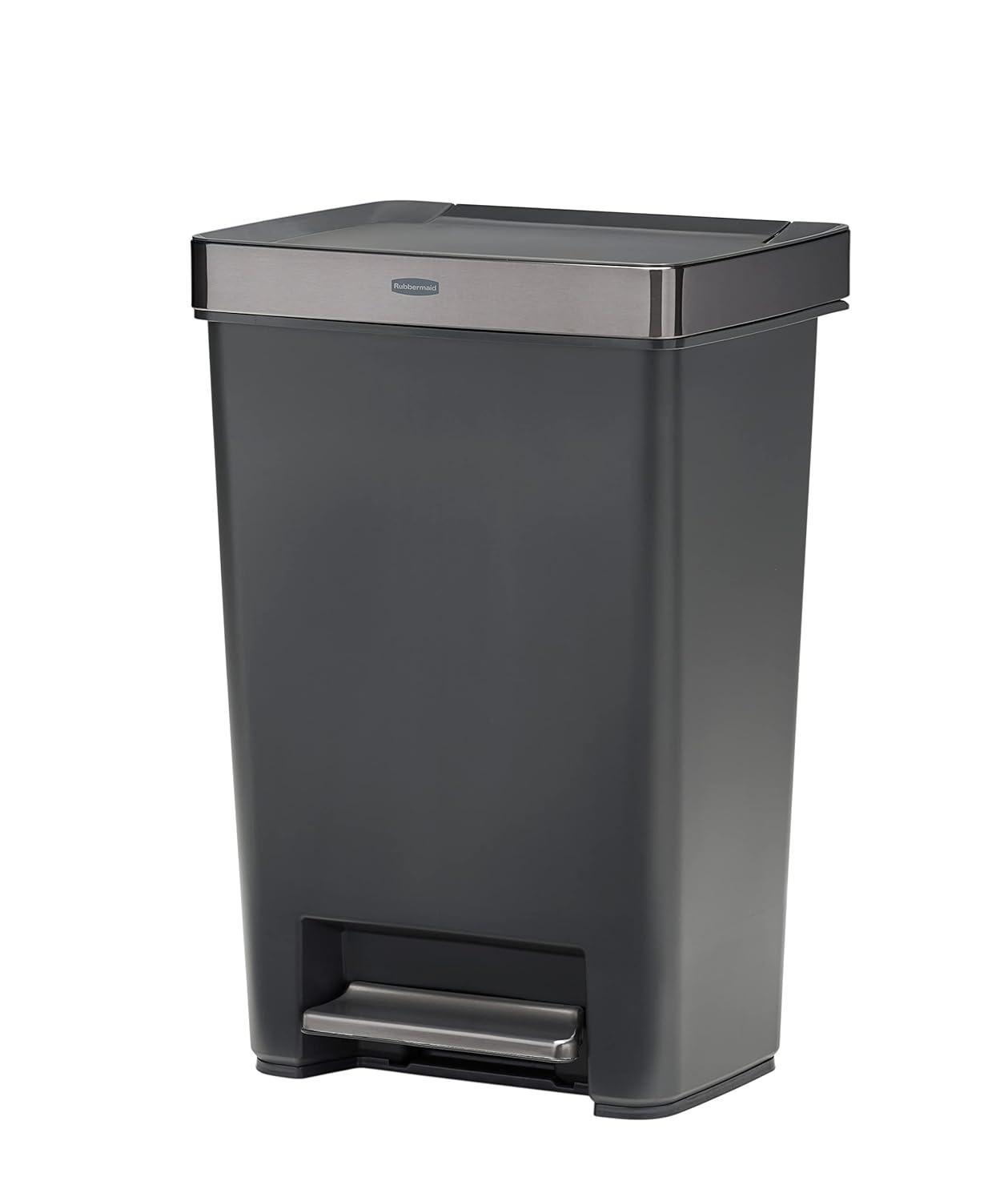 Rubbermaid Premier Series III Step-On Trash Can for Home and Kitchen, with Stainless Steel Rim, 12.4 Gallon, Charcoal, for Home/Kitchen/Garage/Apartment/Office
