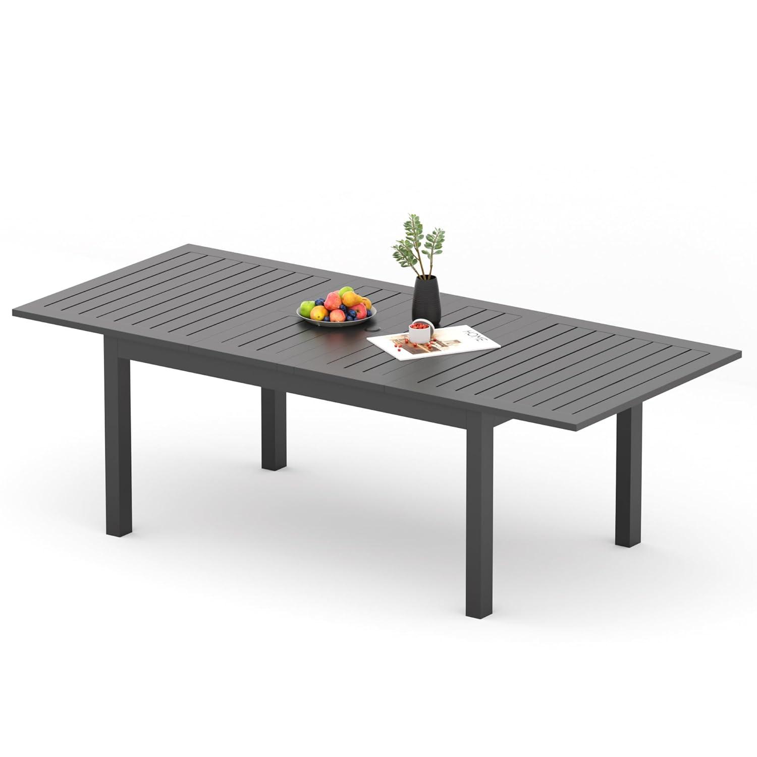 Superjoe Patio Expandable Table Dining Set for 4 to 10, Aluminum Outdoor Dining Table, Rectangular Patio Metal Table with Umbrella Hole for Backyard Porch, Deck ＆ Garden, Easy Assembly, Dark Grey