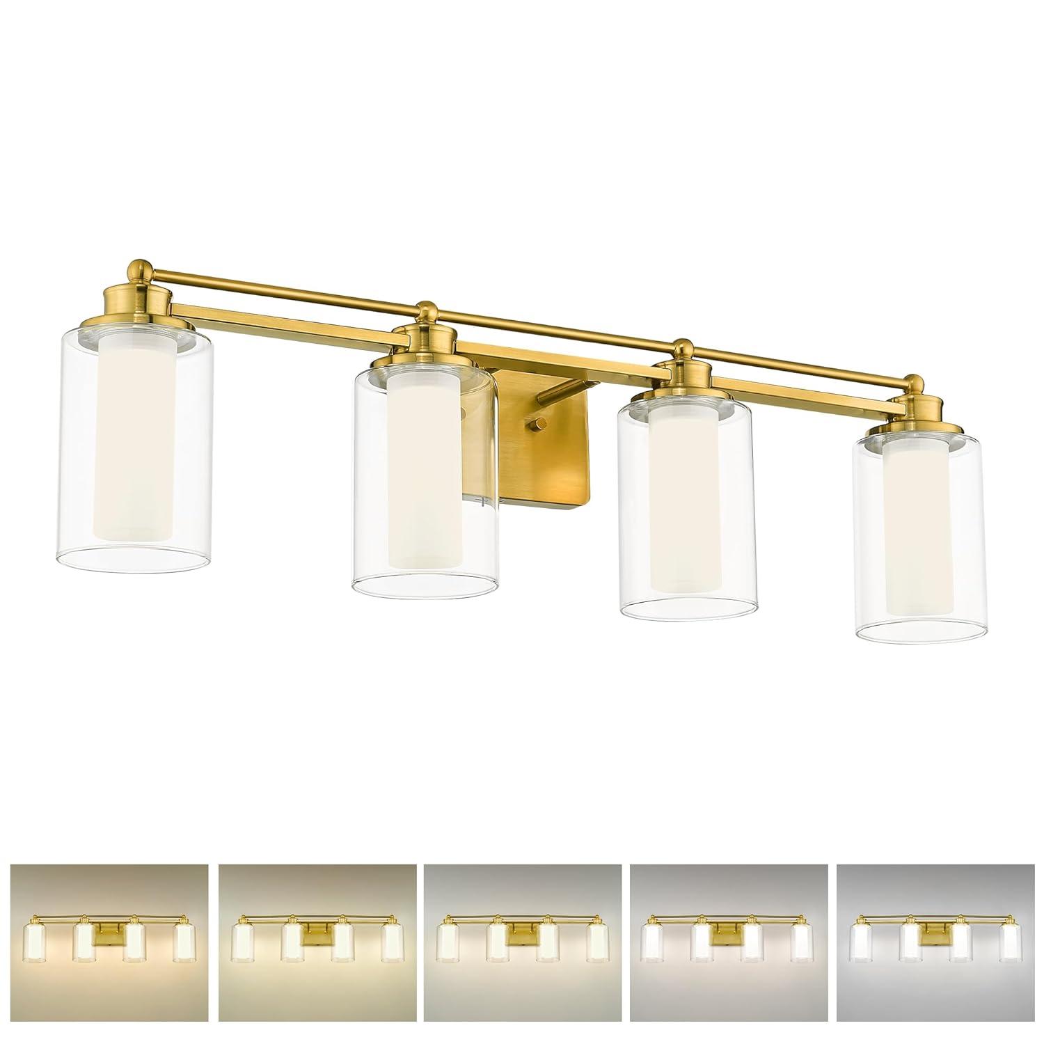 4 Light Bathroom Vanity Light, HWH Brushed Gold Vanity Lights for Bathroom Brass Bathroom Light Fixtures Clear Glass, Dimmable LED Vanity Lights for Mirror 24W 5CCT, 5HLT63B-4W-LED BG
