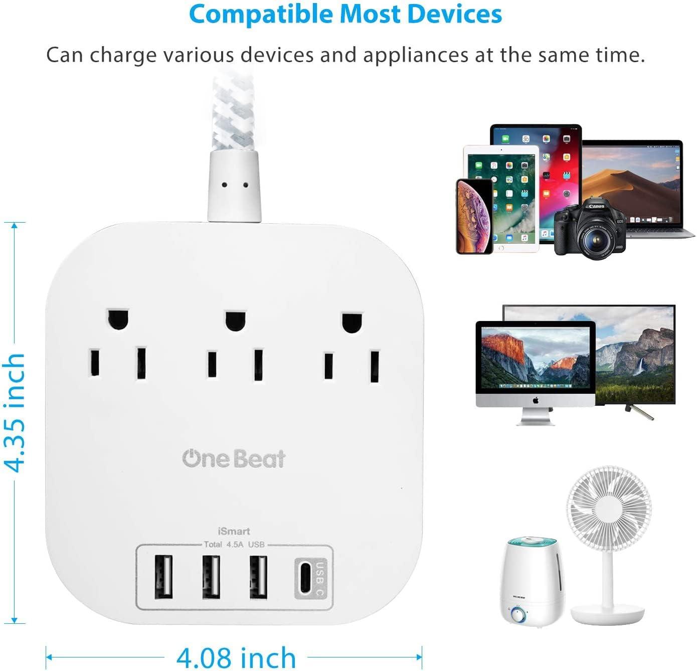 White Square Power Strip with 15ft Braided Cord and USB Ports